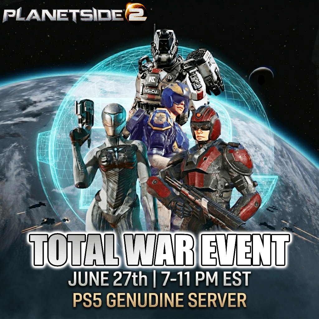 planetside2's tweet photo. Join us for SUMMER TOTAL WAR, a massive community event on the PlayStation Genudine server!
🔹 Massive platoons
🔹 Coordinated faction warfare
🔹 Air, armor, and infantry battles
🔹 Outfit rivalries and more!
📅6/27 @ 7 pm - 11pm ET. #planetside2 https://t.co/lzeBmhk3JE