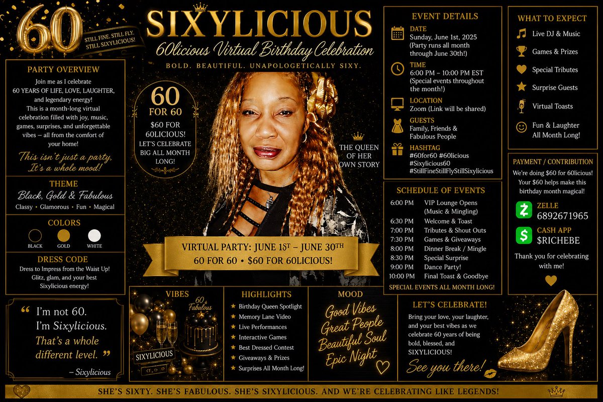 RICHELLEABEY's tweet photo. I’m so excited for the SIXYLICIOUS Virtual Birthday Celebration! We have 5 days left! I will go live on Facebook on June 1st for 60 minutes. The party runs all month, June 1st to June 30th, 2026. Please send contributions to Zelle at pgh1roselady@yahoo.com or via Venmo https://t.co/HPrnJ98YeN