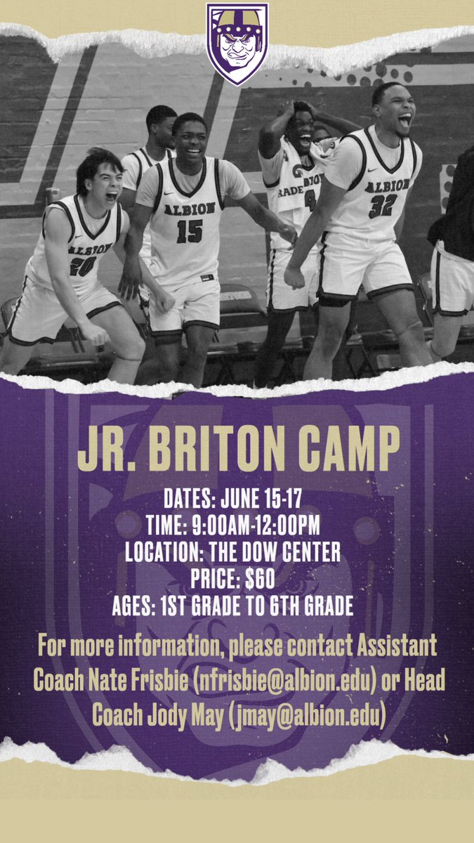 AlbionMBB's tweet photo. 2026 Jr. Briton Basketball Camp! 
Register Today! https://t.co/dMXBtBkJe6 https://t.co/pMvpYGFNNt