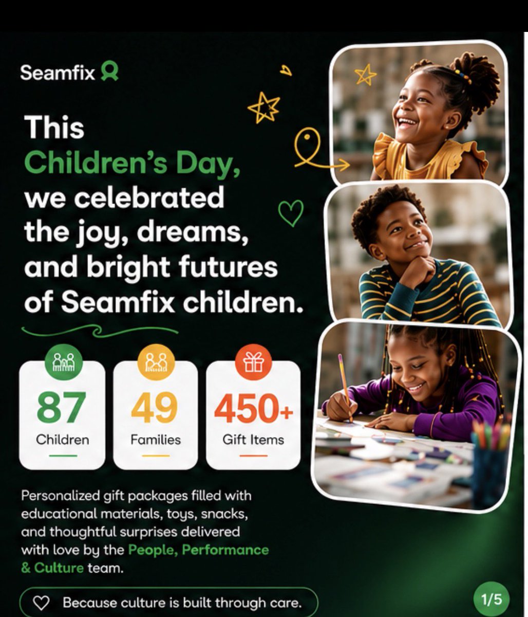 seamfixltd's tweet photo. This Children’s Day, Seamfix delivered joy to 87 children across 49 families with 450+ thoughtfully curated gifts 💚

No big announcement. Just care showing up at doors, because at Seamfix, culture is not just what we say, it’s what we do.

#Seamfix #ChildrensDay2026 #PeopleFirst https://t.co/lP6feDL2xn