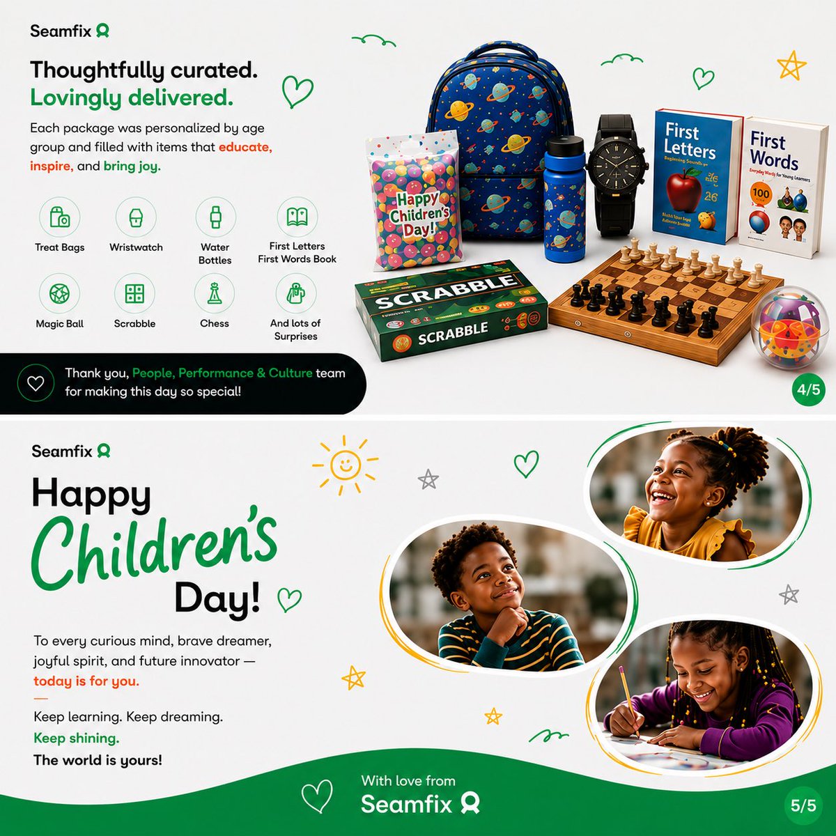 seamfixltd's tweet photo. This Children’s Day, Seamfix delivered joy to 87 children across 49 families with 450+ thoughtfully curated gifts 💚

No big announcement. Just care showing up at doors, because at Seamfix, culture is not just what we say, it’s what we do.

#Seamfix #ChildrensDay2026 #PeopleFirst https://t.co/lP6feDL2xn