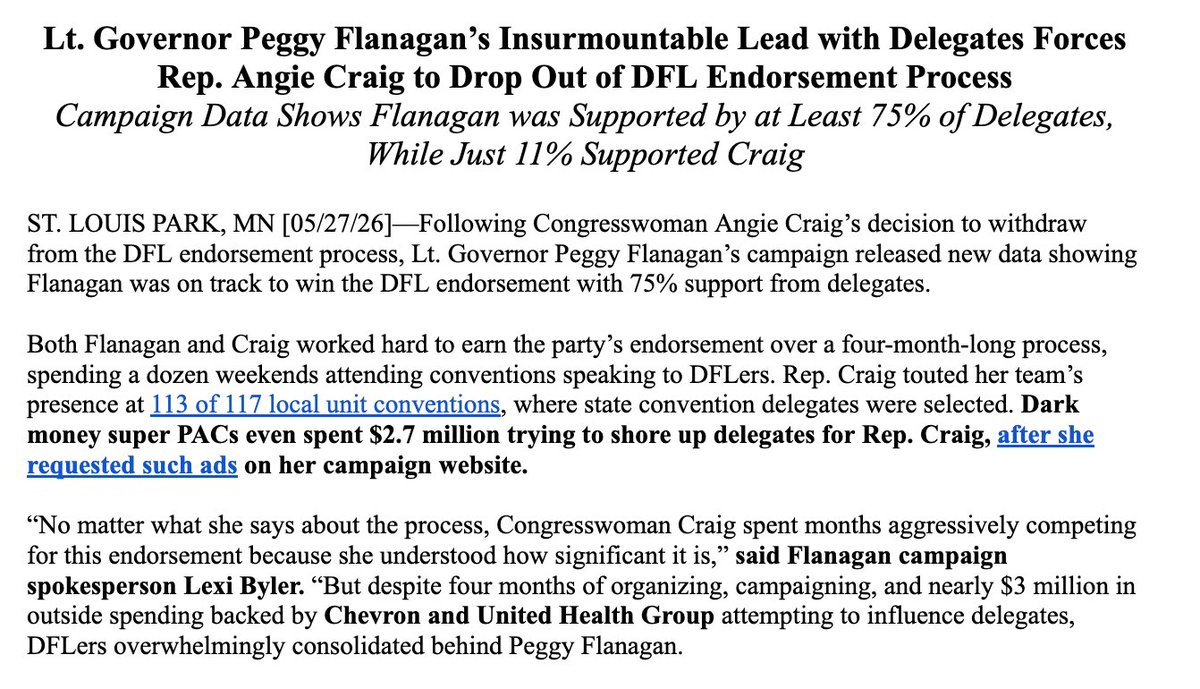 LexiByler's tweet photo. No matter what she said about the process, Congresswoman Craig spent months competing for this endorsement because she understood just how significant it is.

Outside groups spent $3 million – at her request – to influence this process. They failed miserably. https://t.co/sx1fPaHvDB