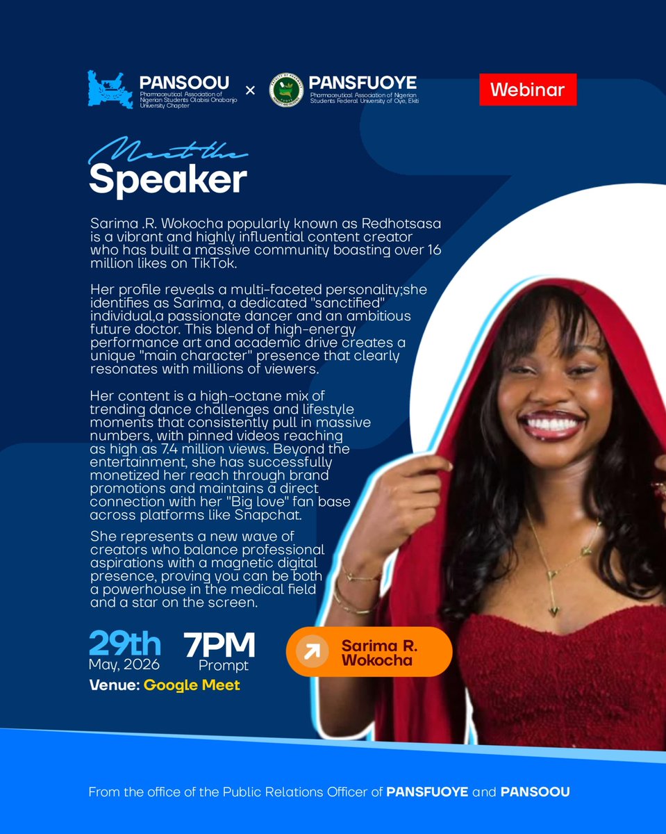 PANSOOU's tweet photo. Join PANSOOU × PANSFUOYE for an exciting webinar featuring the vibrant and highly influential content creator,Sarima R. Wokocha(Redhotsasa)— a creator,dancer and digital powerhouse redefining what it means to balance academics with influence.🧏🏾‍♀️🔥 https://t.co/LsrA8efc8C