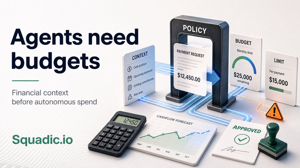 squadicai's tweet photo. AI agents are starting to pay for things. 💸

That sounds futuristic. 🤖✨

But the real business question is not:

“Can an agent make a payment?” 💳

The real question is:

“Should it be allowed to?” 🚦

If an agent can access paid APIs, buy data, trigger tools, renew services, or execute tasks with money attached, then payments are only the last step. 🔚

Before payment, the agent needs context. 🧠

What is the budget? 💰
Who approved the spend? 👤
What is the business purpose? 🎯
Is this vendor allowed? ✅
Is the category allowed? 📂
What is the daily or monthly limit? 📅
What happens if the company’s cash position changes? 📉

This is why agent payments are not just a payment infrastructure problem. 🏗️

They are a financial control problem. 🛡️

Protocols like x402 are interesting because they make payment part of the web request itself. But for real businesses, the missing layer is not only the rail. 🛤️

It is the financial context around the rail. 🔄

Agents need budgets. 📊
Agents need limits. ⛔
Agents need reporting. 📈
Agents need access rules. 🔑
Agents need a clear view of money before they spend it. 👁️

That is how we think about the future layer of https://t.co/nY0tSxRWCo. 🚀

The core product stays simple:

Money -> Calculation -> Reports. 💡

But as business software becomes more agent-readable, financial tools will need to answer a new question:

Not only “what does the business owner see?” 👀

But also:

“What financial context can a trusted agent use safely?” 🛡️🤖

That future will not be built on hype. 🎈

It will be built on cash position, permissions, limits, profitability, and reports. 📉📈🔒

https://t.co/nY0tSxRWCo is building from that direction. 🏗️

Financial clarity first. 🧐
Automation second. ⚙️
Spending only when the numbers make sense. 🧮

#Squadic #AIagents #x402 #AgentPayments #Fintech #BusinessFinance #Cashflow #FinancialContext #AutonomousAgents #SaaS