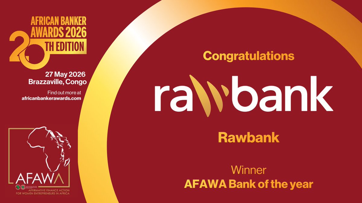 AfricanBizMag's tweet photo. Congratulations to @Rawbank_sa on winning AFAWA Bank of the Year at the African Banker Awards 2026! 🏆 https://t.co/tlNaINt5Gh