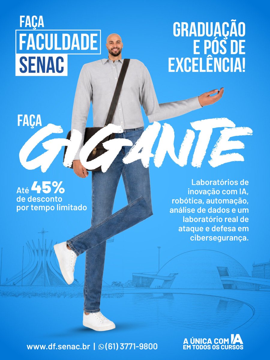 FacSenacDF's tweet photo. FAÇA GIGANTE! 
FAÇA FACULDADE SENAC!

Matrículas abertas para graduação e pós-graduação.

Descontos especiais por tempo limitado:
💙 45% no primeiro semestre de graduação
🧡 20% em todo o curso de pós-graduação

Matricule-se já:
➡️ https://t.co/q6W4O5Qieb https://t.co/bwyuSjlCFU