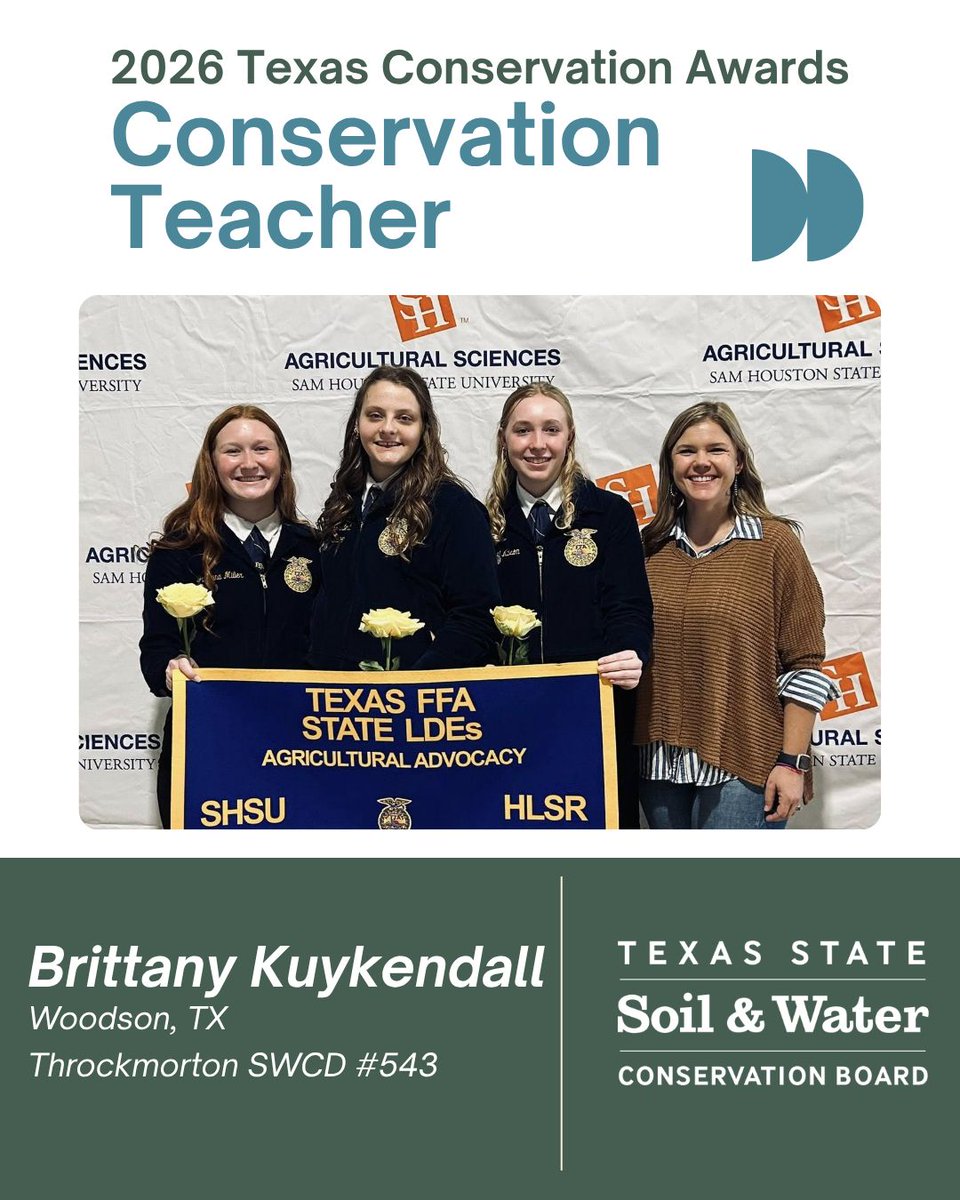 TSSWCB's tweet photo. Congratulations to the 2026 Conservation Teacher of the Year, Brittany Kuykendall!🎉 Brittany, an Agricultural Science teacher at Woodson ISD, has made conservation education a driving force in both her classroom and community. 

#TexasConservationAwards https://t.co/3r4Be2sVAl