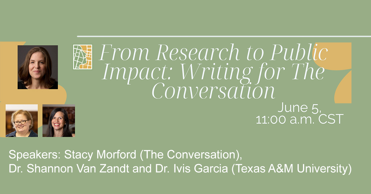 The_ACSP's tweet photo. Join us June 5 for a conversation on engaging broader audiences through public-facing academic writing featuring Stacy Morford, @ConversationUS, Dr. Shannon Van Zandt &amp; Dr. Ivis_Garcia_ from @TAMU.

🔗 https://t.co/ZrbHVVrq8A

#HigherEd #ResearchImpact https://t.co/r9AuP7u1yr