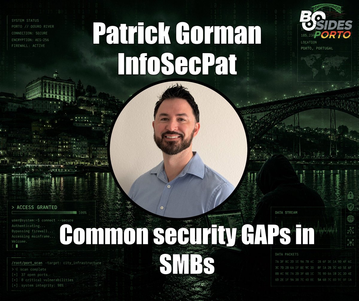 bsidesporto's tweet photo. 🚨 SPEAKER ANNOUNCEMENT — BSides Porto 2026

@Infosecpat joins us to talk about the most common SMB security gaps leading to fraud, downtime, and ransomware — and the practical fixes that actually work.

📍 June 27th, 2026
#BSidesPorto #CyberSecurity https://t.co/8lbYBJkObd