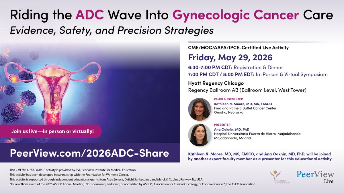 GYNCancer's tweet photo. Happening this week at #ASCO26—join our partners @PeerView on Friday, 5/29 at 7 PM CDT for a live symposium with @DrKatyMoore, @AnaOaknin &amp; Joyce Liu, MD on how ADCs are advancing gynecologic cancer care. Join in Chicago or virtually: https://t.co/V9xHCnACiH #Oncology #MedEd https://t.co/edORMdSZzb