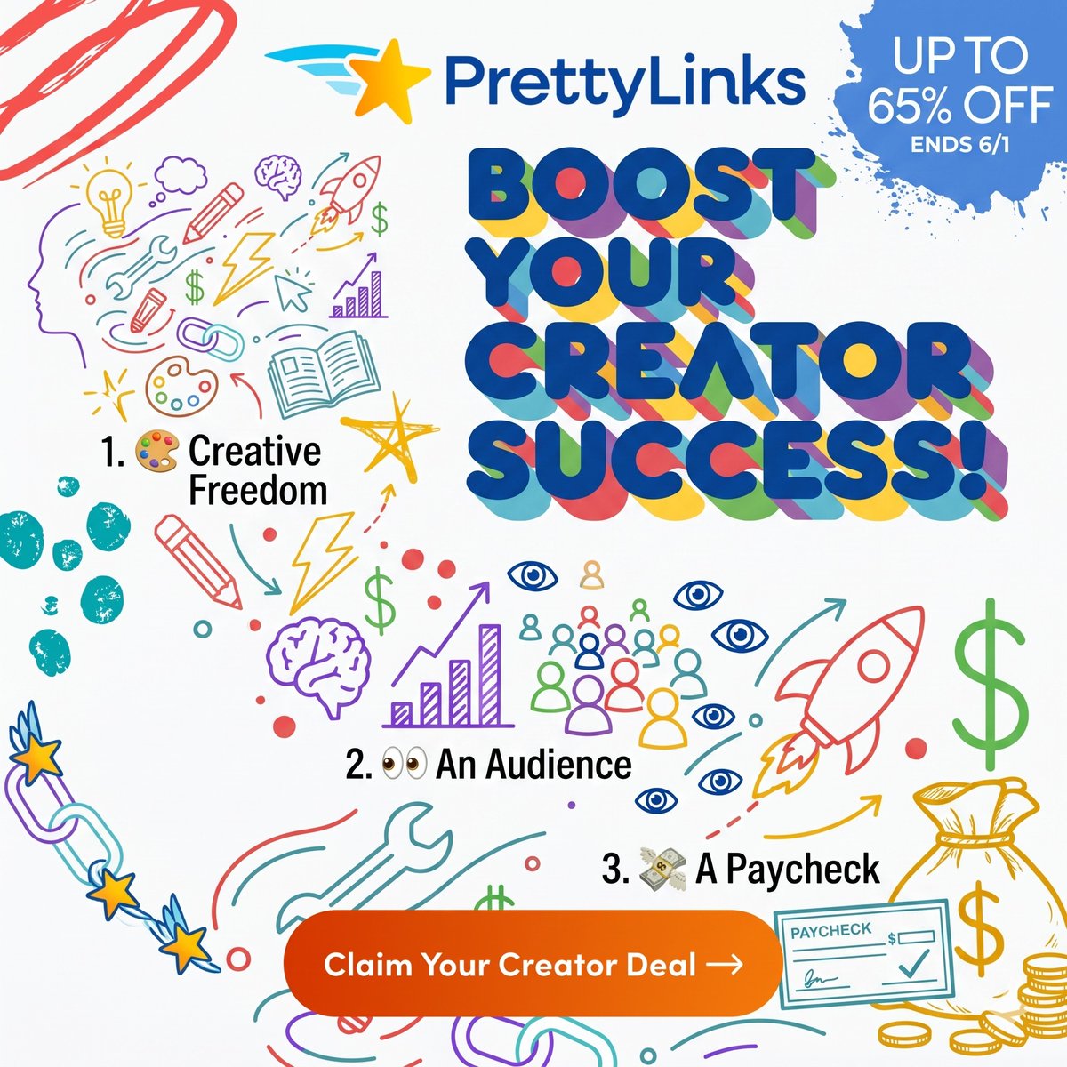 prettylink's tweet photo. 3 things every creator's content deserves: 
🎨 Creative freedom 
👀 An audience 
💸 A paycheck
PrettyLinks delivers on the third — Save up to 65% off thru 6/1! 👉 https://t.co/8rkRVgLmVv
#CreatorEconomy #AffiliateMarketing #WordPressDeals #ContentCreators https://t.co/tdGGQaJyxn