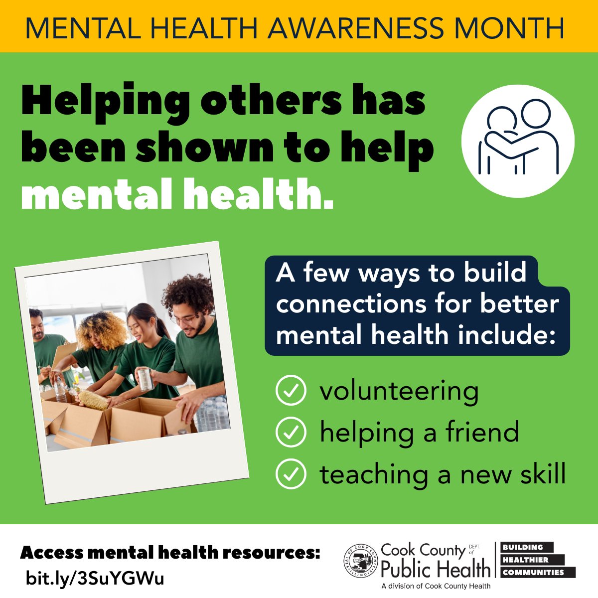 CookCoHealth's tweet photo. Did you know that simple acts such as volunteering, helping a friend, or teaching a new skill can support your own mental health? 

Building connections can improve well-being for you and those around you.

Access mental health resources: https://t.co/0C9oaLEY2p https://t.co/5Cu6wIqWcC