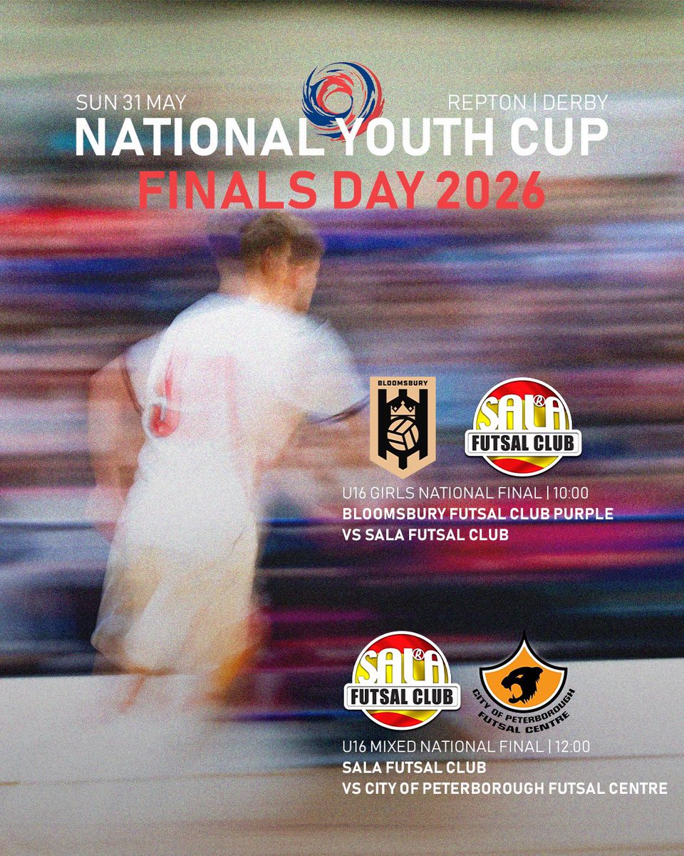 EnglandFutsal's tweet photo. It’s National Youth Cup Finals Week
👀🏆

From 111 teams and over 1000 players, down to 8 finalists 🤩

🗓️ 31.05.26 | ⏰ 10:00 - 18:00 

📍 Repton School Sports Centre, Derby 

🎟️ £3 public entry 

🗞️ Official Programmes £3 (£5 with entry) 

4 national champions to be crowned ⏳ https://t.co/nwYvTQmxyH