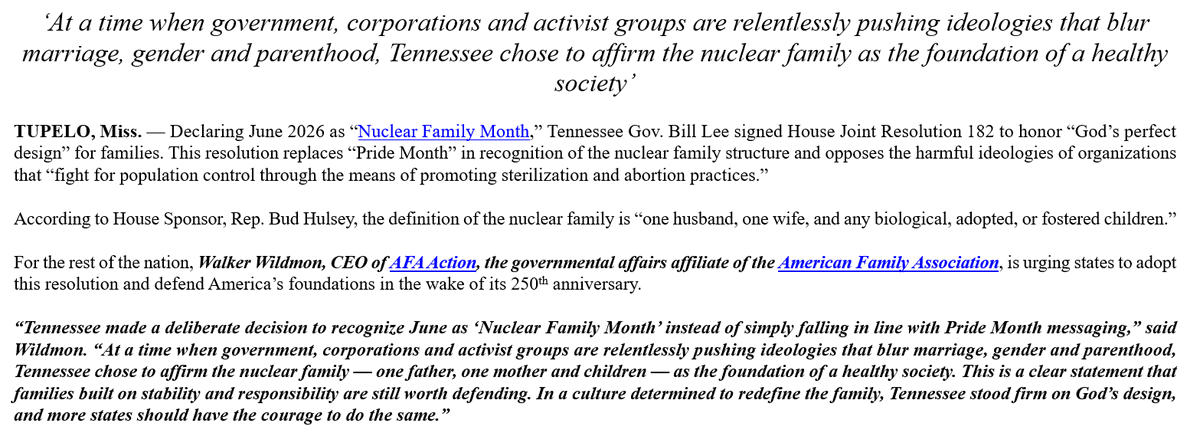 AFAAction's tweet photo. AFA Action CEO says more states should follow suit with TN in declaring June as ‘Nuclear Family Month’ Read the full release ⬇️ https://t.co/9cWnTS4SPA