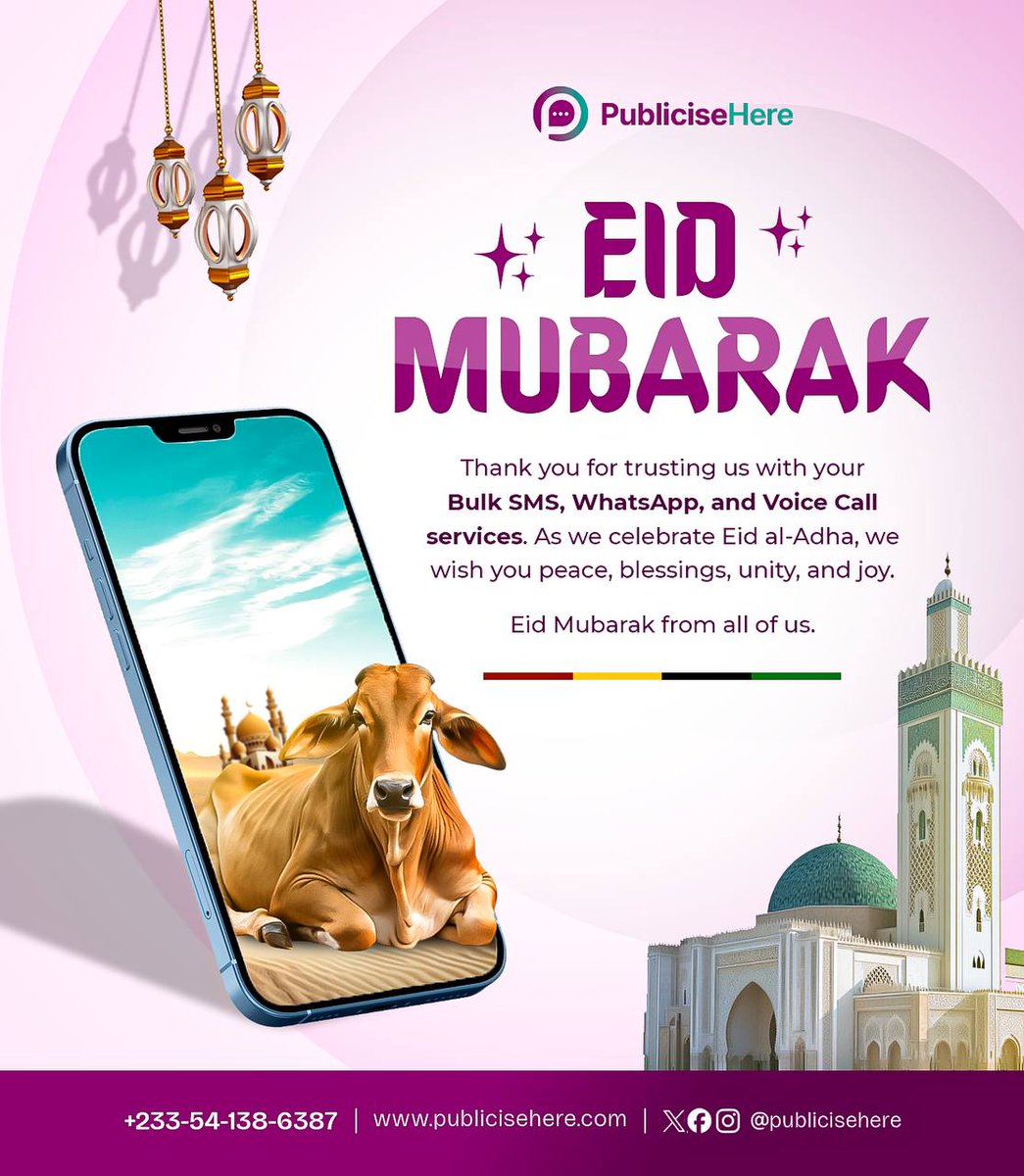 publicisehere's tweet photo. ✨ Celebrating faith, sacrifice, and togetherness.
Eid Mubarak from all of us at PubliciseHere! 🌙🐐
Thank you for trusting us with your Bulk SMS, WhatsApp, and Voice Call services. May this season bring you peace, blessings, joy, and endless prosperity. 💜
#EidMubarak #EidAlAdha https://t.co/JVvM9AMNlX