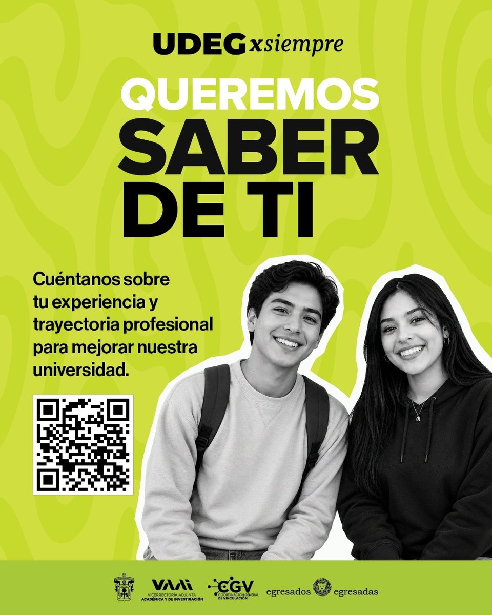 udg_oficial's tweet photo. 📢 Egresada y #EgresadoUdeG: ¡Queremos conocer tu historia!

Participa en la encuesta de seguimiento #UdeGxSiempre y ayúdanos a fortalecer la red de leonas y leones negros que dejan huella dentro y fuera de la universidad. 💪🦁

🧑‍💻 Participa ahora: https://t.co/VXEacCsQVg https://t.co/cq8E91TF2g
