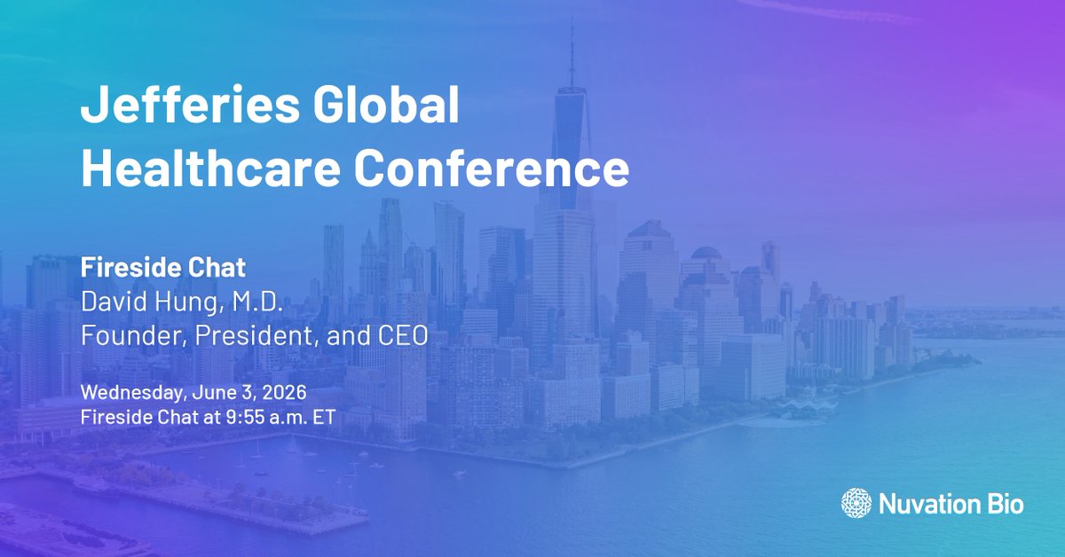 nuvationbioinc's tweet photo. At the Jefferies Global Healthcare Conference, our Founder and CEO, David Hung, M.D., and CFO, Philippe Sauvage, will share updates on Nuvation’s progress and how we are working to make an impact for cancer patients. Read more: https://t.co/8hoHh2LAKT

#biotech #cancer #oncology https://t.co/Lt76m0C7Lu