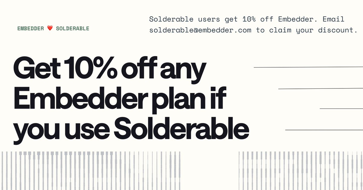 embedder_dev's tweet photo. fully autonomous, end-to-end hardware design is getting closer.

we're teaming up with Daniel Liu (@p1nosaur) and the solderable team to get there faster.

solderable users get 10% off any embedder plan. https://t.co/L8oDhlucKX