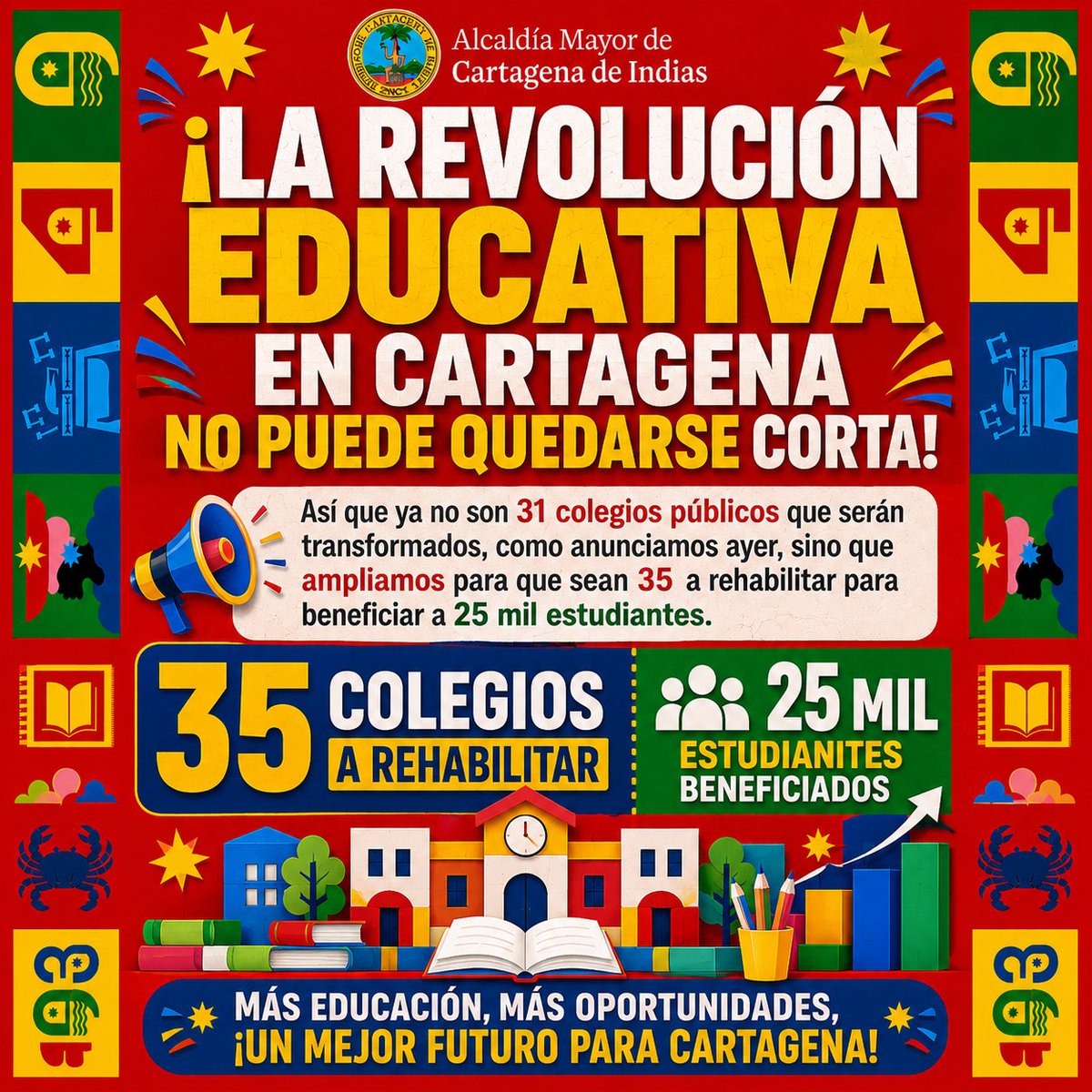 dumek_turbay's tweet photo. 𝗔𝗧𝗘𝗡𝗧𝗢𝗦: Ampliamos a 𝟯𝟱 el número de colegios públicos en riesgo de colapso, que rehabilitaremos en 202 y que beneficiará a más de 20 mil estudiantes en #Cartagena 🚧 📚

Estre esos 35 están los emblemáticos Bertha Gedeón de Baladí, Liceo de Bolívar, Promoción Social, Ana María Vélez y Clemente Manuel Zabala.

El 𝗣𝗹𝗮𝗻 𝗠𝗮𝗲𝘀𝘁𝗿𝗼 𝗱𝗲 𝗥𝗲𝗵𝗮𝗯𝗶𝗹𝗶𝘁𝗮𝗰𝗶ó𝗻 𝗲𝗻 𝗜𝗻𝗳𝗿𝗮𝗲𝘀𝘁𝗿𝘂𝗰𝘁𝘂𝗿𝗮 𝗘𝗱𝘂𝗰𝗮𝘁𝗶𝘃𝗮 avanza desde 2024 a través de una inversión HISTÓRICA que alcanza el medio billón de pesos, incluyendo, en estos 2 años y 5 meses, la recuperación de más de medio centenar de instituciones educativas que rescatamos, rehabilitamos y entregamos, y la ejecución de siete (5) megacolegios nuevos sumados al recientemente anunciado de #LaBoquilla, y las reconstrucciones del #INEM y #FernándezBaena.

En 2027, nuestro último año de gobierno, redoblaremos esfuerzos para rescatar e intervenir otros 50 colegios en deterioro que ya están identificados.

Nuestra idea será no heredarle colegios en ruinas a la próxima administración Distrital.

Aquí les dejo el listado completo 👇🏾

Con más y mejor EDUCACIÓN, en #Cartagena ¡AVANZAMOS!