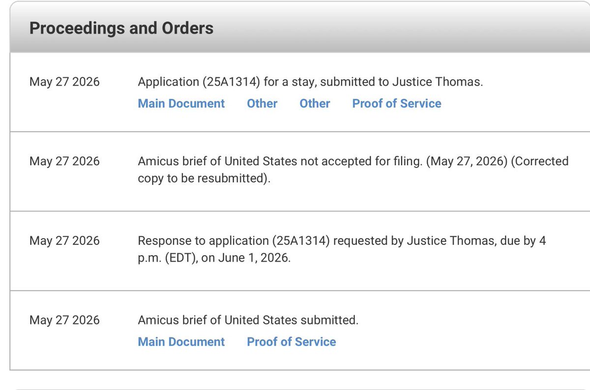 PollTracker2024's tweet photo. Justice Clarence Thomas sets deadline for Monday, June 1 at 4:00 PM ET for civil rights lawyers to respond to Alabama’s bid to reinstate 6R-1D congressional map. https://t.co/liOXOsJhZm