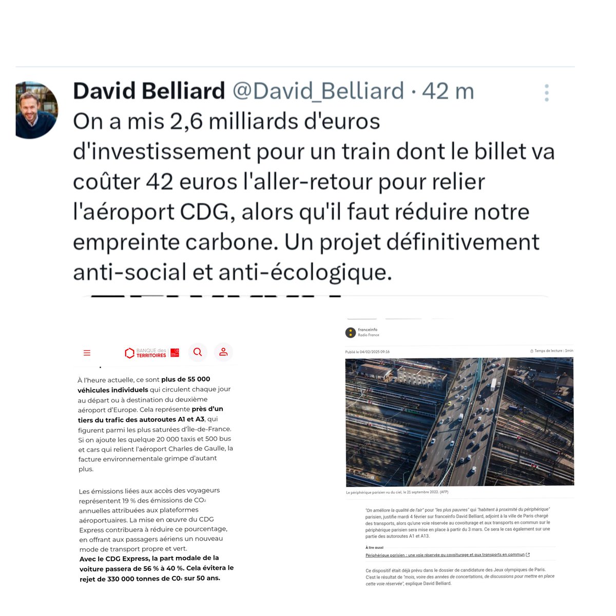 BastienGilles6's tweet photo. David Belliard considérait la voie de covoiturage comme une mesure écologique et sociale. En pratique, sur l'autoroute A1, elle favorise les transferts en taxi depuis l'aéroport CDG vers Paris pour les gens qui en ont les moyens, tout en pourrissant la vie de ceux qui bossent mais se trouvent seuls dans leur véhicule (comme les réparateurs d'ascenseurs des logements sociaux parisiens). En revanche, il qualifie le CDG Express — qui permettra pourtant de faire passer la part de la voiture de 56 % à 40 % et d'éviter des milliers de tonnes de CO2 — d'anti-social et d'anti-écologique. J'ai du mal à suivre.