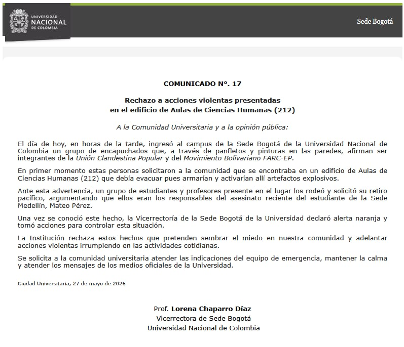 UNALOficial's tweet photo. #ComunidadUNAL Comunicado oficial de la Universidad Nacional de Colombia sobre los hechos violentos ocurridos hoy en la sede @BogotaUNAL. https://t.co/eekzoygAGT