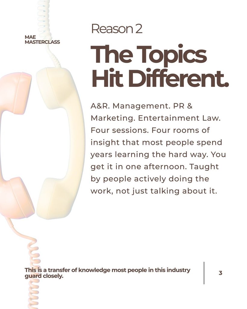 mae_m_c_g's tweet photo. MAE Masterclass 2.0 is almost here and if last year taught us anything, it’s that the people who show up leave differently.

We’re talking real conversations on A&amp;R, talent management, PR &amp; marketing, and entertainment law. Four sessions. Industry voices. Zero fluff. https://t.co/2fdvbf7Fbf
