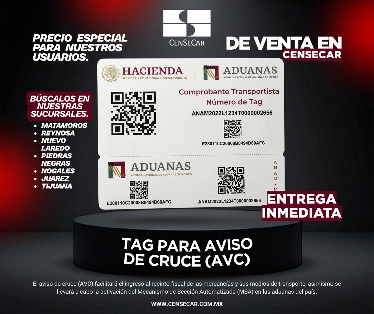 CenSeCar's tweet photo. 🚛 ¿Tu empresa ya está preparada para el nuevo esquema AVC?

En CenSeCar ya tenemos disponible el TAG AVC con:

✅ Entrega inmediata
✅ Compra física o remota
✅ Precio preferencial para usuarios CenSeCar
✅ Descuentos CONATRAM y CANACAR

📍 Disponible en Matamoros, Reynosa, Nuevo Laredo, Piedras Negras, Nogales, Juárez y Tijuana.

⚠️ Prepárate antes de que impacte tu operación.
#AVC #ANAM #ComercioExterior #Transportistas #Logística #TAGAVC #Aduanas