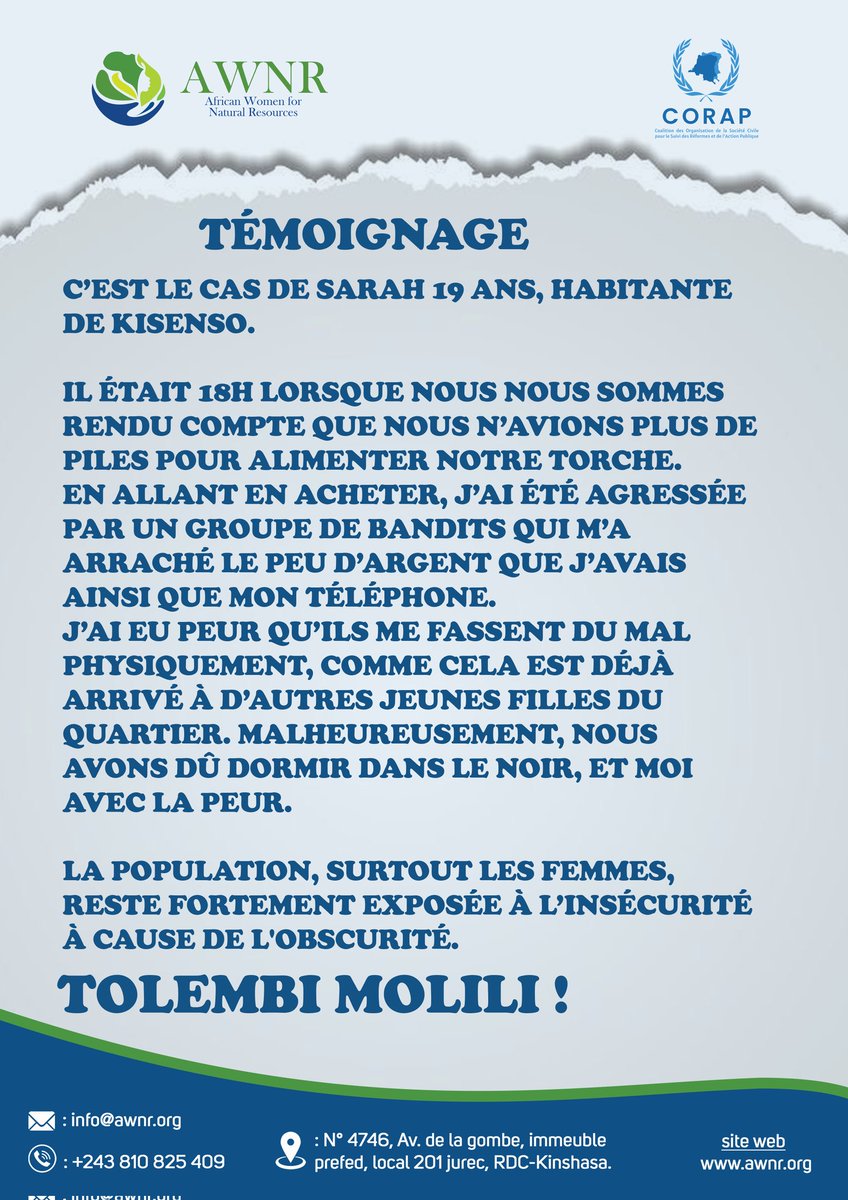 The_AWNR's tweet photo. Il est plus de 18h à Kinshasa et les communes du district du Mont-Amba seront plongées dans l’obscurité. Il est source d’insécurité, porteur de plusieurs conséquences dans ces communes. Sarah n'est qu'un témoignage permis tant d'autres. 
#tolembi_molili 
https://t.co/XoSmXfUYxd https://t.co/NILYHpO26n