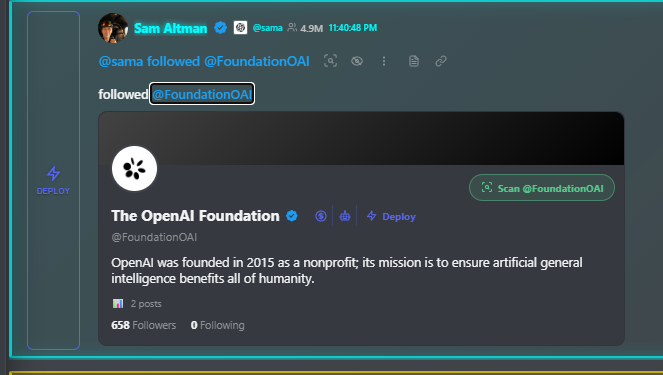 OAIonSol's tweet photo. Why $OAI is most likely ticker of OpenAi?   

Recently Sam Altman followed a account @FoundationOAI which clearly is foundation of Openai. 

Sam used 'OAI' multiple times in reference of Openai - https://t.co/9rEip9TQX0 

$OAI is leading in various prediction markets.  

lastly, i asked chatGPT to choose ticker for OpenAi and yes they picked $OAI