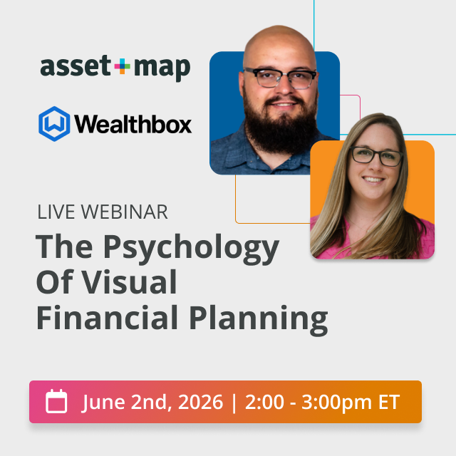 AssetMapLLC's tweet photo. What helps clients move from uncertainty to action in a financial planning conversation? 

Clarity.

Join Asset-Map + @Wealthboxfor a webinar on the psychology behind visual financial planning and why a visual-first approach can improve client engagement, comprehension, and decision-making compared to text-heavy planning experiences.

We’ll explore how advisors can use intuitive, interactive experiences to:
✔️ improve comprehension and retention
✔️ reduce overwhelm in complex conversations
✔️ create more collaborative, engaging planning discussions
✔️ support a more modern client experience

If you’re looking to make financial conversations more meaningful, client-focused, and actionable, this session is for you.

Register here: https://t.co/F9ZAtnuZYN