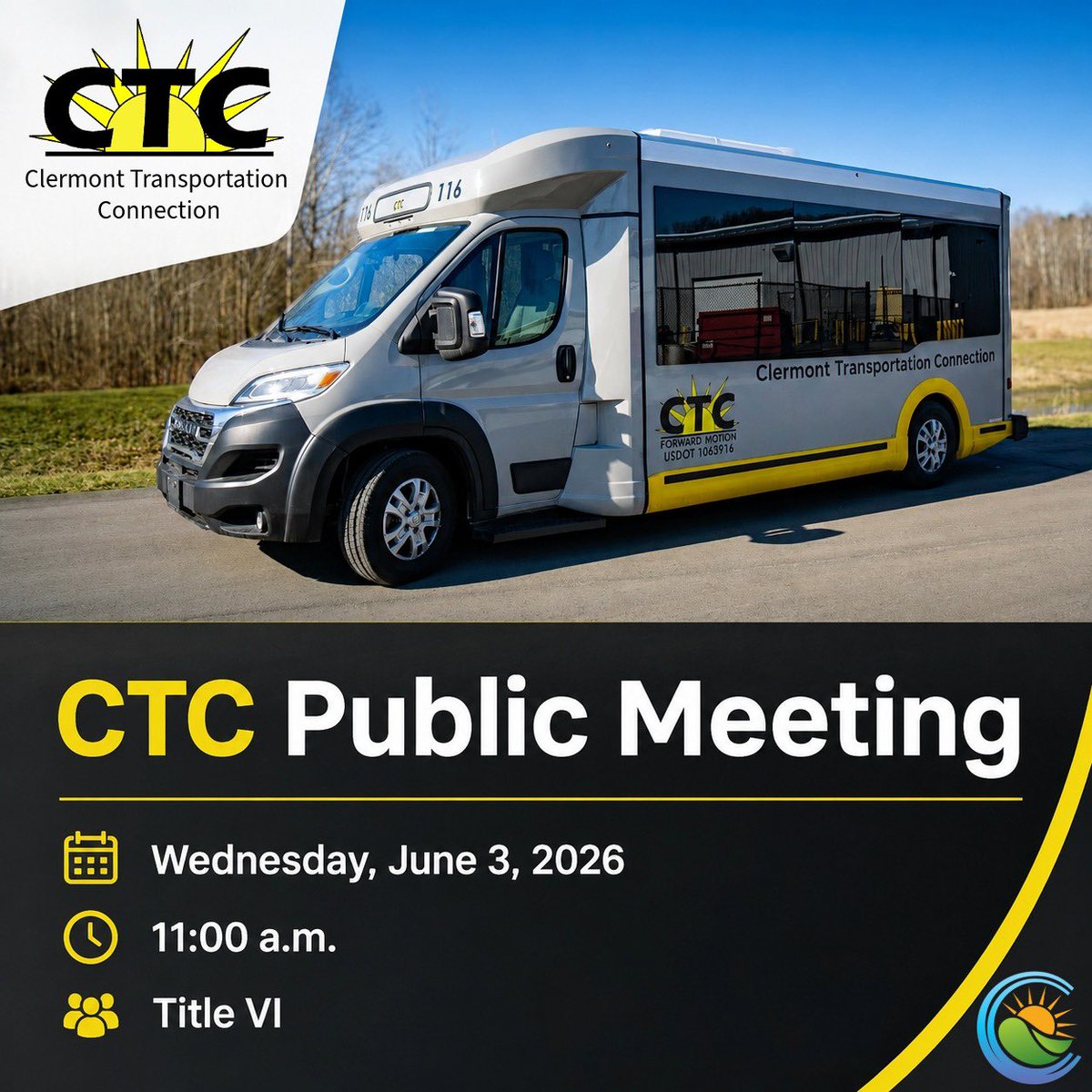 ClermontCounty's tweet photo. Clermont Transportation Connection will hold a public meeting on Wednesday, June 3, 2026, at 11:00 a.m. at 101 E. Main St., Batavia. Oh 3rd Floor Session Room to discuss Title VI, ensuring fair transportation services based on race, color, or national origin. https://t.co/QdmxgPXVQi