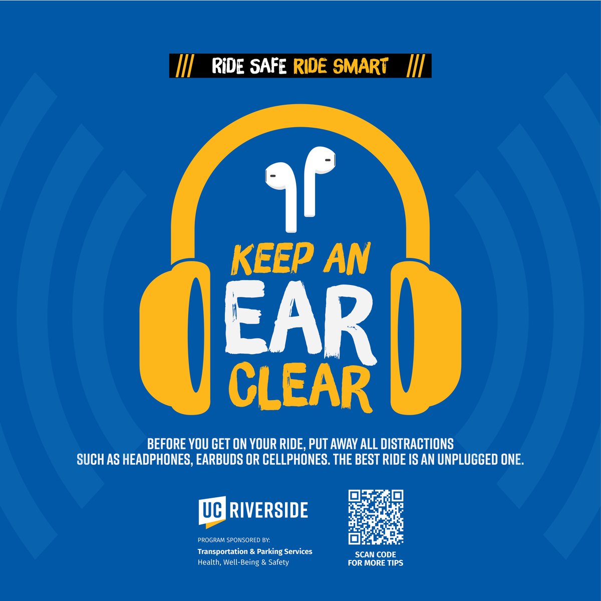 UCRTAPS's tweet photo. Pass it on! If you ride a bike or scooter, share this with someone you know: both ears covered = illegal AND dangerous. One ear clear keeps you and everyone around you safer.  #RideSafeRideSmart https://t.co/KuuNFVGmjg