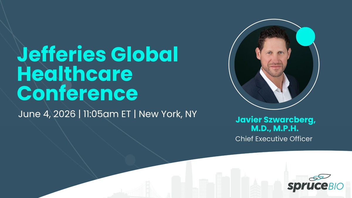 Spruce_Bio's tweet photo. Next week, our CEO Javier Szwarcberg will present at the Jefferies Global Healthcare Conference in NYC. 
$SPRB
 
Access the live webcast here: https://t.co/DXm0sZtTY0 https://t.co/LhRShdoxay