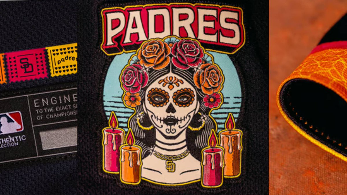 SDSU's tweet photo. SDSU expert Ramona Perez shares the cultural meaning behind the Padres City Connect uniforms, highlighting how symbols like La Catrina, marigolds, and papel picado connect to precolonial Aztec and Mexican traditions and San Diego’s community. https://t.co/lEuZFltF57 https://t.co/1MmkPXH7IF
