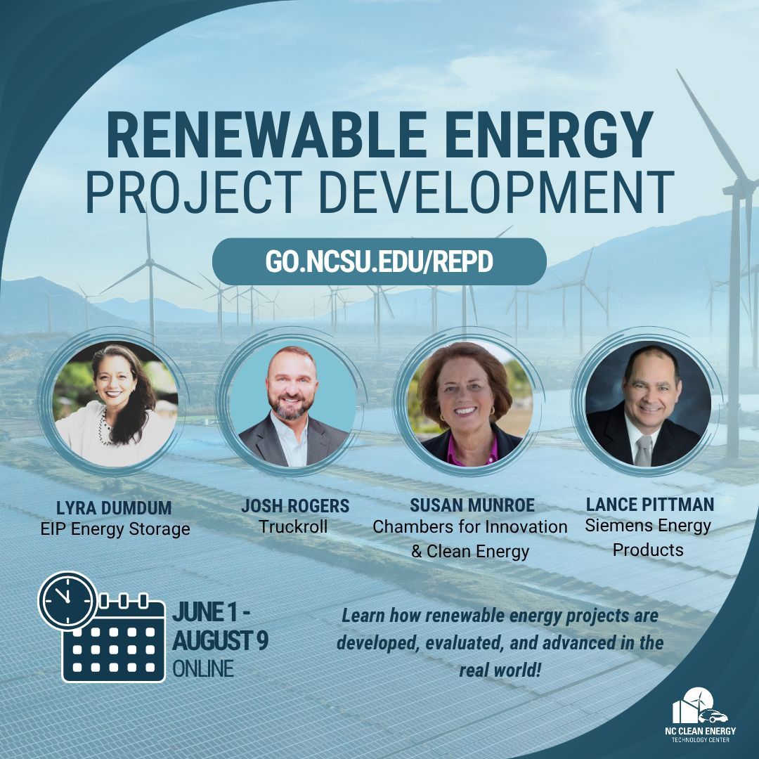 NCCleanTech's tweet photo. Don't miss the chance to attend our Renewable Energy Project Development course! In this virtual 10-week course, participants will receive 40 hours of instruction covering renewable energy technology applications, solar fundamentals, &amp; more.

https://t.co/x01S6t6jOW https://t.co/pn3nyZ1t1N