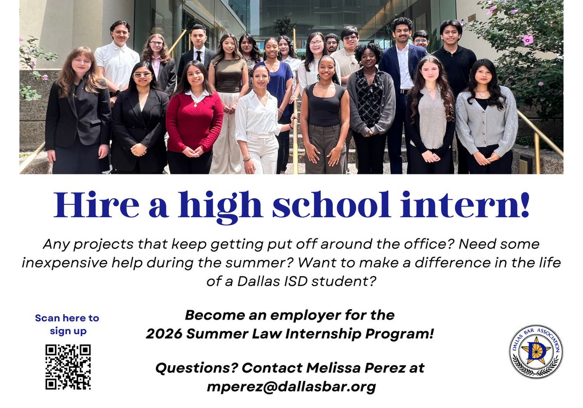 DallasBarAssoc's tweet photo. Don’t Let Your Summer Law Intern Spot Slip Away! Deadline is this Friday, May 29! https://t.co/S1C6HOeFZU 

This summer, our Summer Law Intern Program gives you access to an exceptional group of rising seniors who are motivated, accomplished, &amp; eager to step into the legal world. https://t.co/4LJUxU7oUS