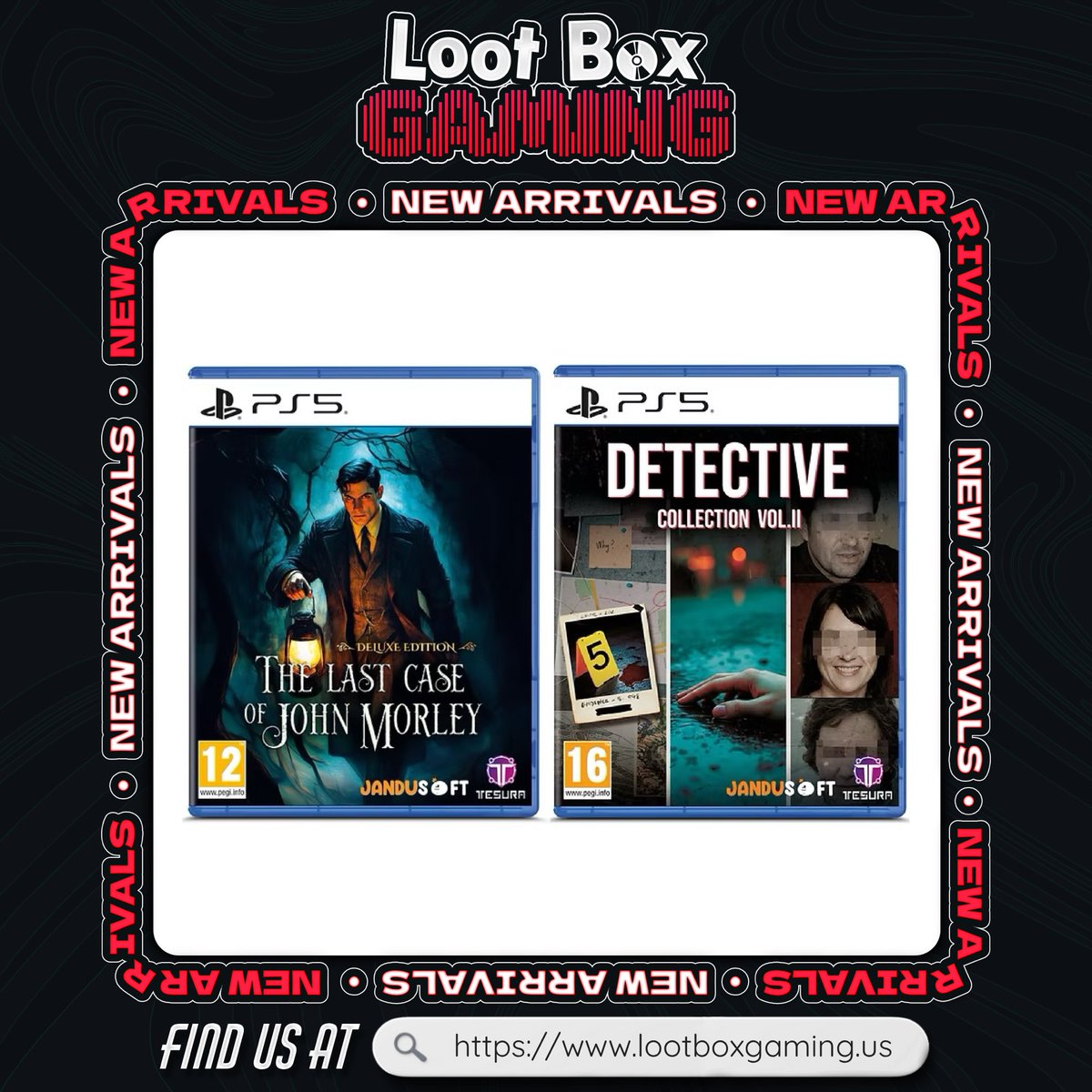LootBoxGamingUS's tweet photo. 2 newly released PS5 import titles are now available at LBG 🎮

Detective Collection Vol. II - $39.99 USD
The Last Case of John Morley - $44.99 USD

🔗 https://t.co/0wxNfNbY1V

• UNLOCK FREE 🇺🇸 SHIPPING WHEN SPENDING $59+
• ALL ORDERS SHIP IN A BOX 📦 https://t.co/fP56kcKFip