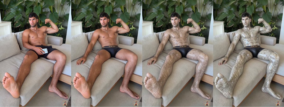 S3LCO's tweet photo. Everyone knows Aaron Harby as the ultimate alpha, that cocky porn stud who flexes, teases, and makes his fans pay top dollar just to worship him. He loved turning guys into desperate, horny messes… until one of them decided it was finally his turn to take control.

One private session went very different. Aaron laughed at first when the guy told him he was going to make him a permanent statue. ‘Yeah right, bro.’

But the spell (or whatever dark magic that fan had) hit hard. Aaron’s smug grin slowly faded as his tanned, muscular body grew heavier… stiffer… shinier. His powerful legs turned to smooth, veined marble. His ripped abs and thick chest locked into a perfect, eternal flex. Even his cock stayed rock-hard under those tight S3LCO briefs as the stone took over.

Now Aaron Harby sits there forever, a horny, helpless marble statue, still flexing for the camera, forever on display in nothing but my branded S3LCO underwear.

Payback’s a beautiful bitch.

Who’s next?