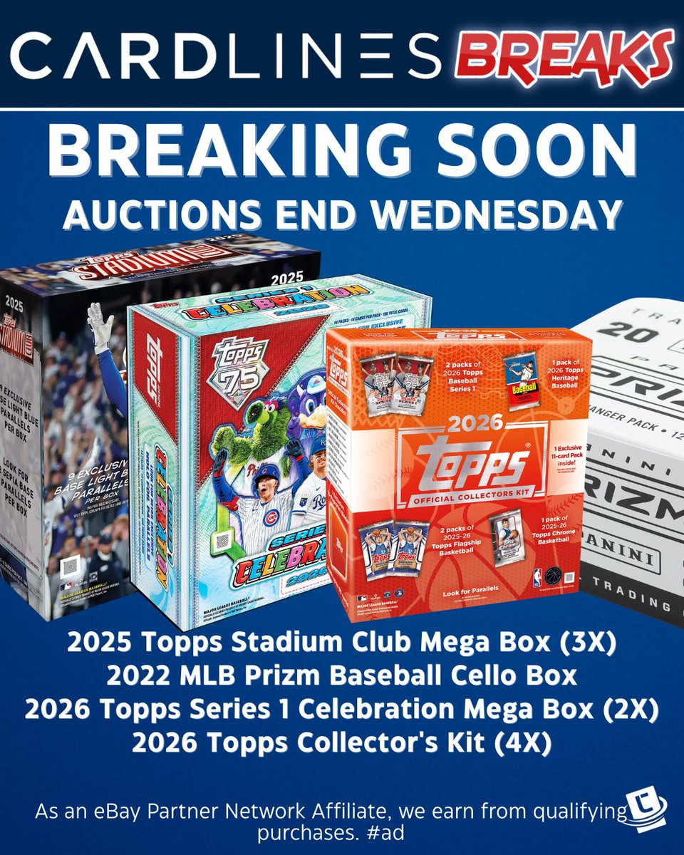 card_lines's tweet photo. CardLines break auctions end for breaks #1140-1143 on Wednesday, starting at 6 PM CT. We will break these cards starting at 11 AM on Thursday.

Find CardLines on eBay: https://t.co/S3sRmc8E4Y

As an eBay Partner Network Affiliate, we earn from qualifying purchases. #ad https://t.co/OeB14fZti2