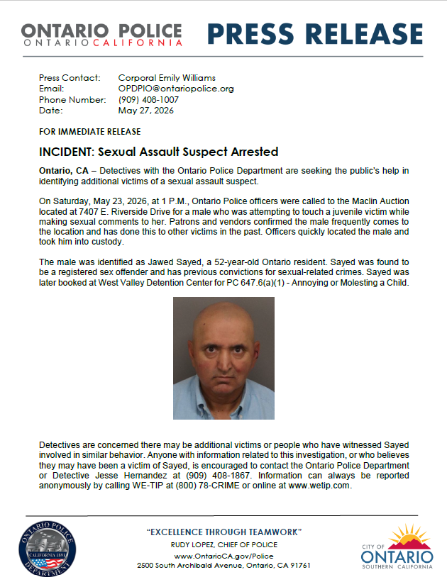 OntarioPD's tweet photo. Detectives are seeking the public’s help in identifying additional victims of a sexual assault suspect. Please see the attached press release for additional information. https://t.co/SsF12xKbRr