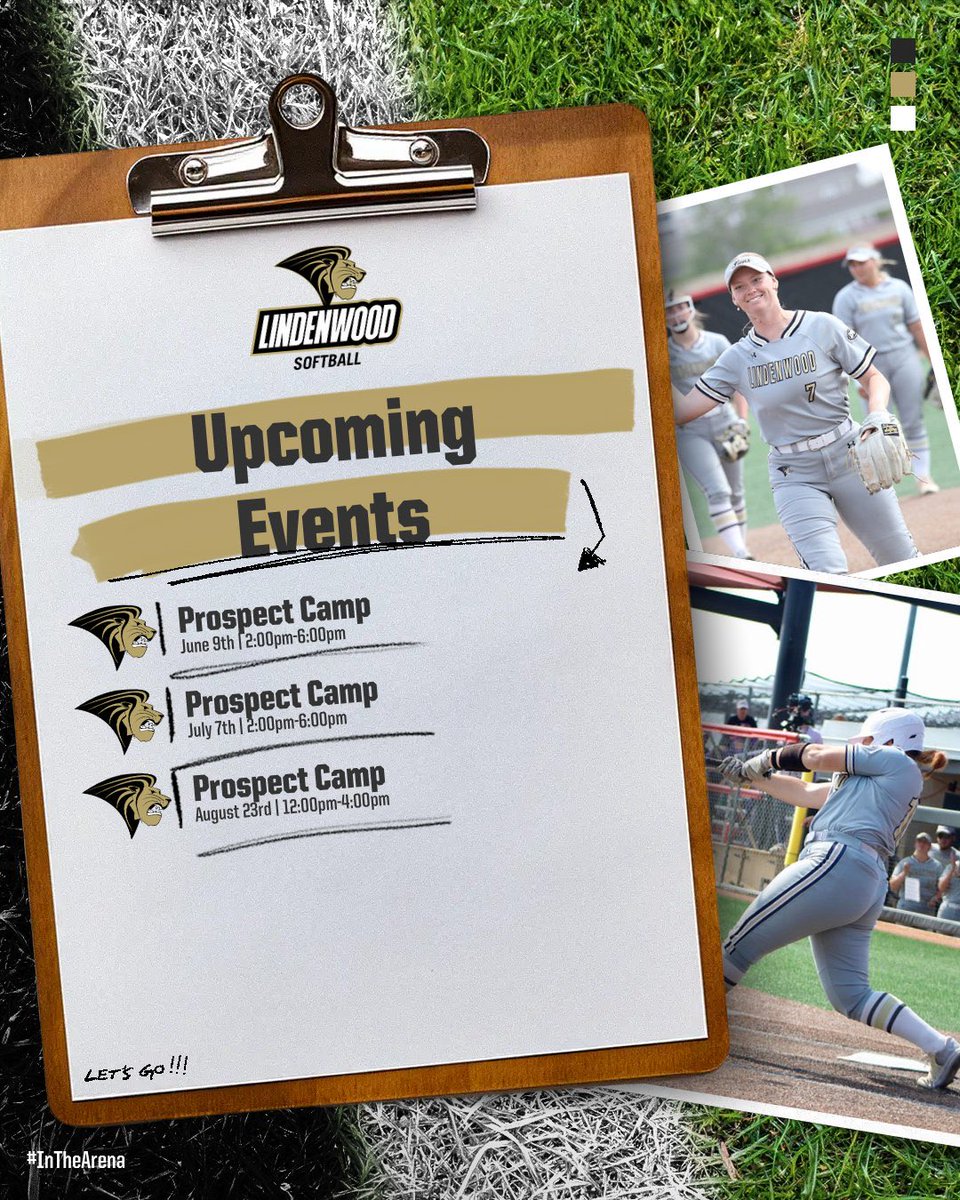 LindenwoodSB's tweet photo. Mark your calendars! We’re hosting three prospect camps this summer. Come join us and get a feel for what it’s like to be a Lion!🦁 Link in bio! #InTheArena https://t.co/LlfkFZ0QBE