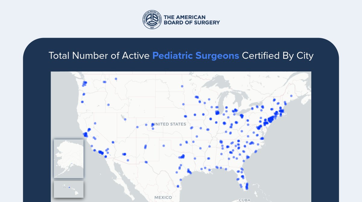 AmBdSurg's tweet photo. A look at the distribution of pediatric surgical care: There are currently 1,224 certified and active pediatric surgeons, 391 of whom are women. 

See more geographical maps of certified surgeons, examination pass rates, and other data on the ABS website: https://t.co/FE7NRLP1FK https://t.co/GFr3XDUO2d