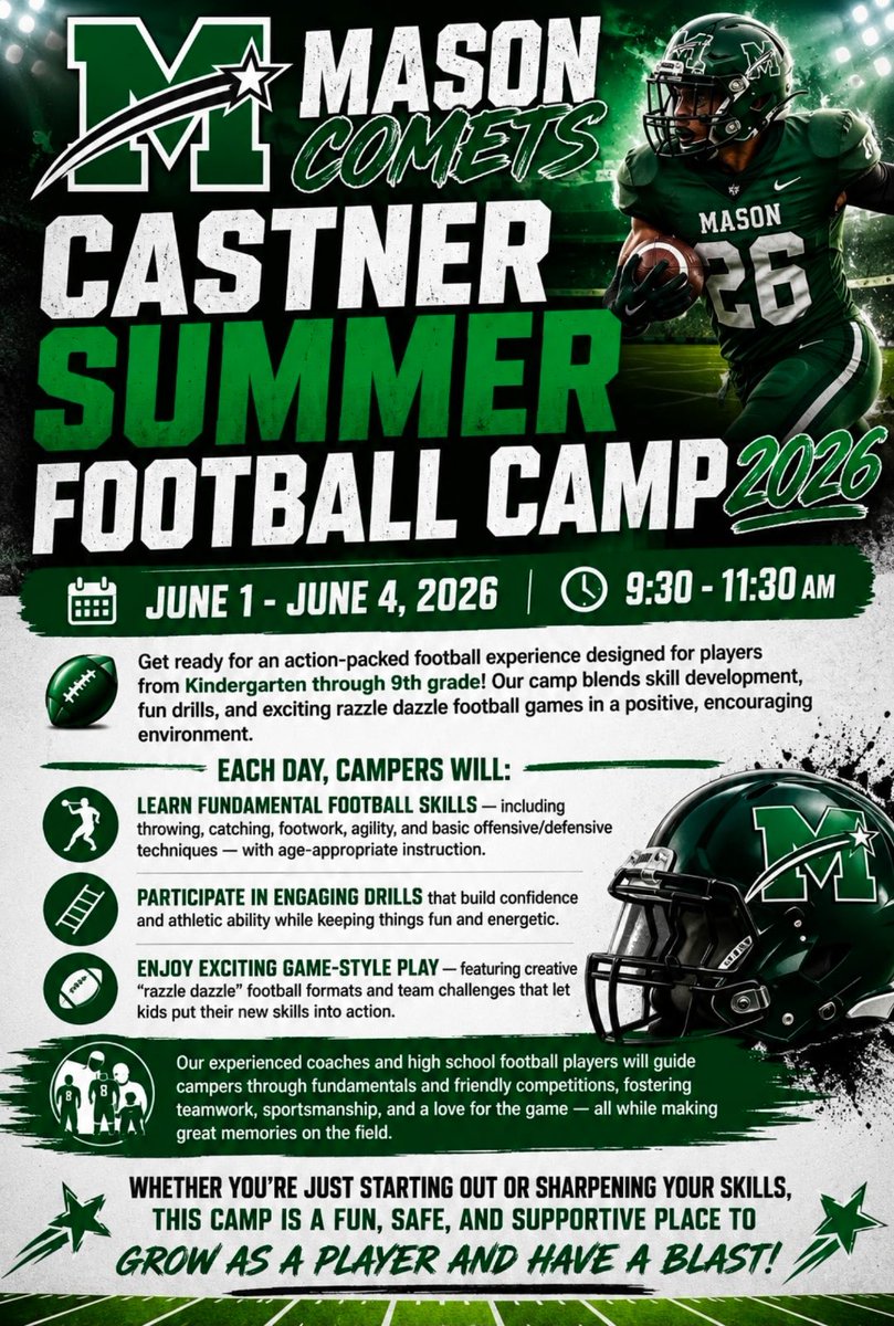 MasonCometsFB's tweet photo. Castner Summer Football Camp is coming up Next Week. Bring those kids to have fun and compete! 
Info is in the Flyer! 
#Hunt65 https://t.co/6EKg2iKA2D