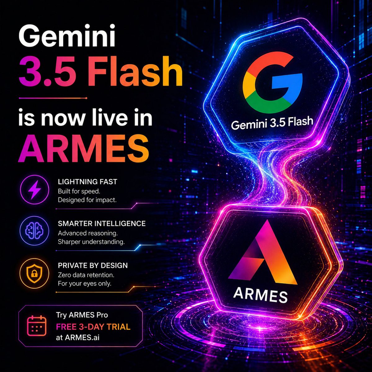 armesai's tweet photo. Gemini 3.5 Flash is now live in ARMES ⚡

Fast, intelligent, low-latency AI — now inside a private AI command center.

🔒 Zero-data-retention routing
👁 For-your-eyes-only AI workflows
🧠 Multiple frontier AI models in one app

Try ARMES Pro free for 3 days → https://t.co/fgWcDBaM7P