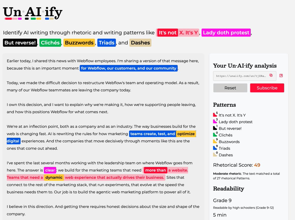 UnAIify's tweet photo. @LayoffAI "I own this decision" 

– i.e., AI "owning" it on behalf of the Webflow CEO, a leader who lacked the time and consideration necessary to write such an important letter herself 

(or have a human being write it for her)

The answer is clear: https://t.co/LLJzmr63ll https://t.co/DDPa5cQgjE