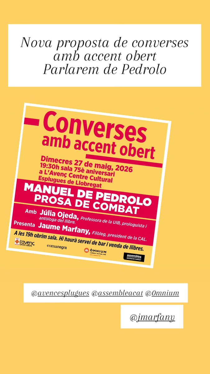JaumeMarfany's tweet photo. AVUI parlant amb @juliaojedacaba de Manuel de Pedrolo i "Prosa de combat". Quatre edicions en poc més de vuit mesos. https://t.co/7oU8thDnVg