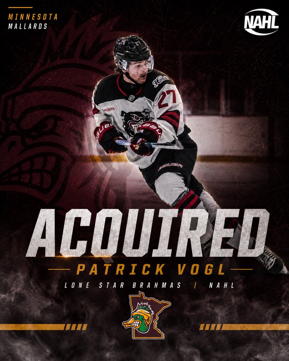 mnmallards's tweet photo. Welcome to Minnesota, Patrick!

We have acquired forward Patrick Vogl from the Lone Star Brahmas. #MallardsHockey #FlyMallardsFly https://t.co/8ITsU8s2hP