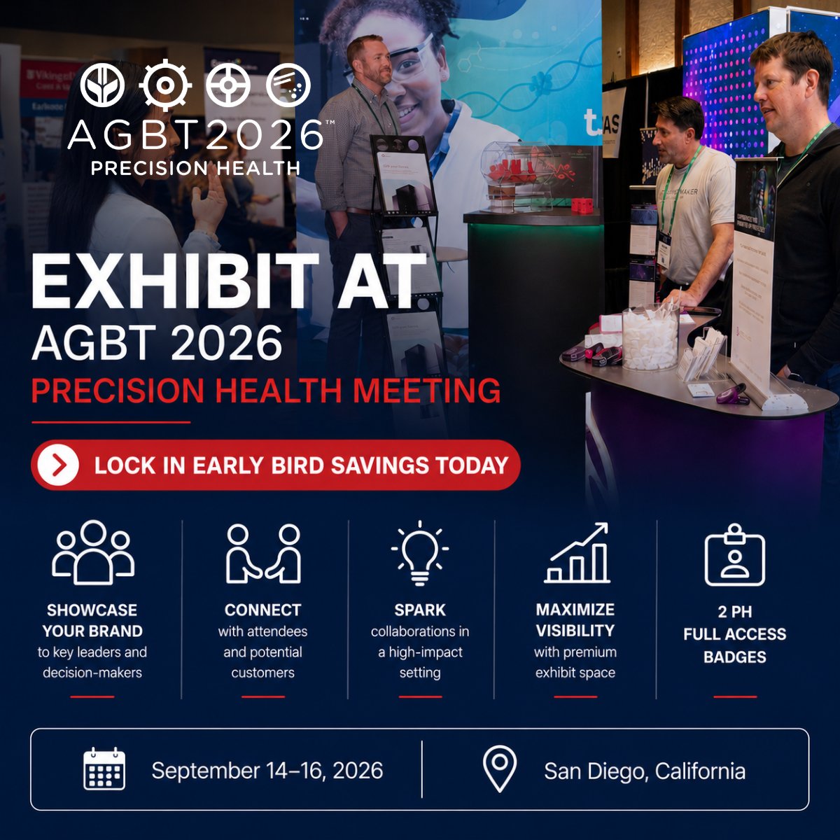 agbt's tweet photo. Exhibiting opportunities are now open for AGBT Precision Health 2026. Showcase your innovations to genomics researchers, clinicians, and biotech leaders shaping the future of precision medicine.
📍 San Diego | Sept. 14–16, 2026
Register: https://t.co/sAl2Poya0D

#AGBTPH26 https://t.co/6Wm2eRKlMl