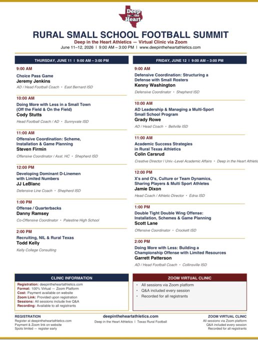 txhsfbchat's tweet photo. Great football clinics in June are a coaching career rite of passage!

@lonestarclinic1 and @OneBackOff are offered together at a GREAT PRICE 
🚨$35 for BOTH CLINICS

@DITHathletics Rural Football Summit directly benefits small school coaches and communities!
#TXHSFBCHAT https://t.co/drlHee0ezU